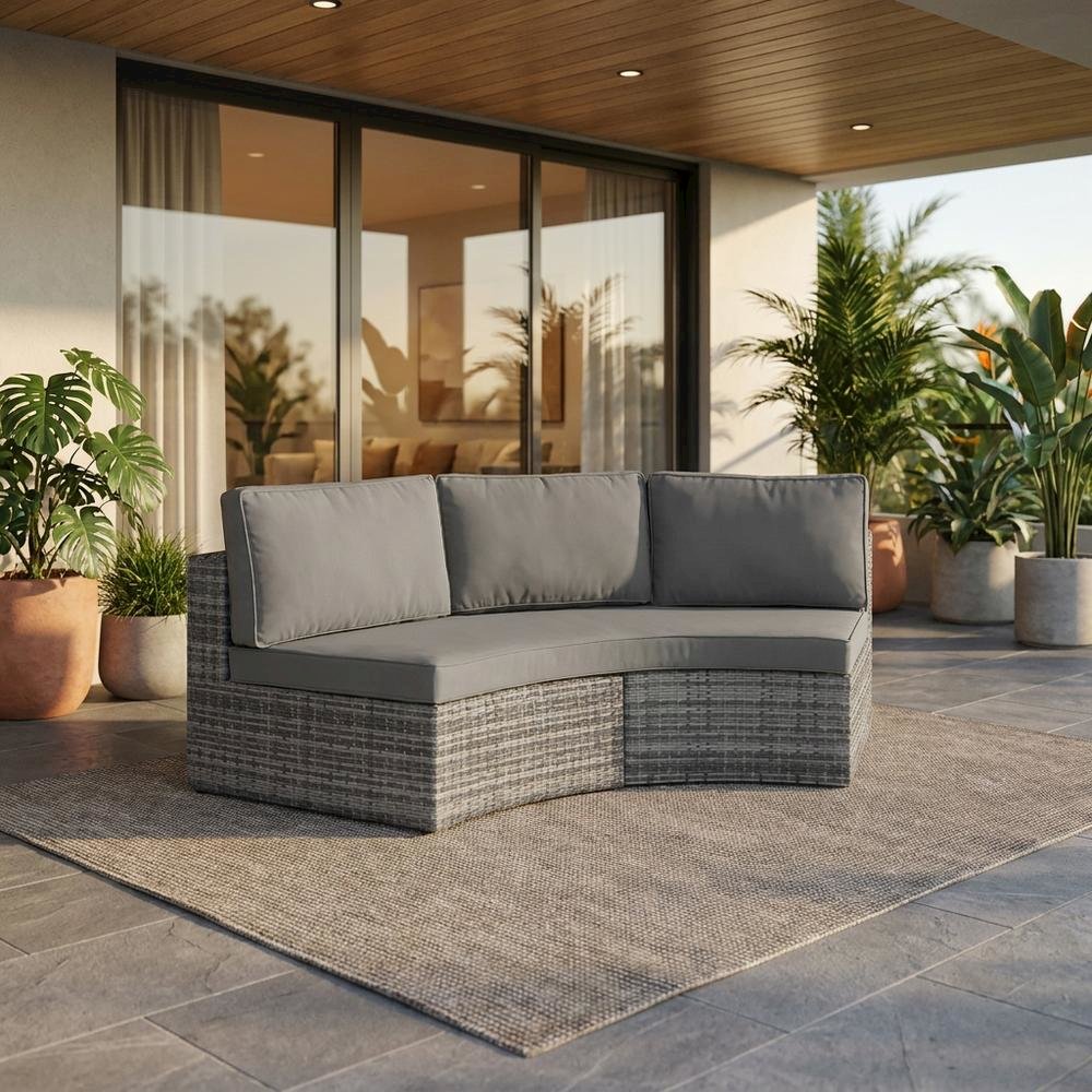 Gray Outdoor Wicker Round Sectional Sofa with Cushions and Sturdy Frame. Picture 2