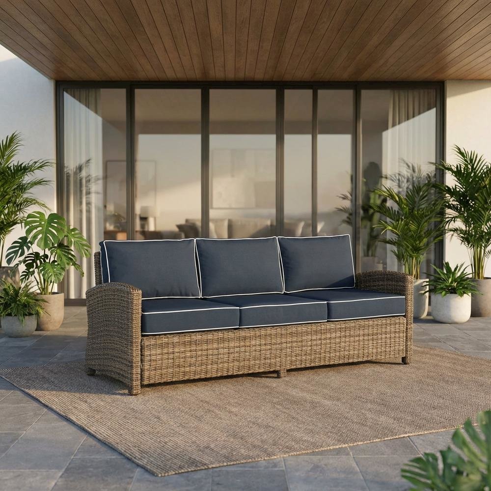 Navy and Weathered Brown Wicker Outdoor Sofa Set with Cushioned Seating. Picture 2