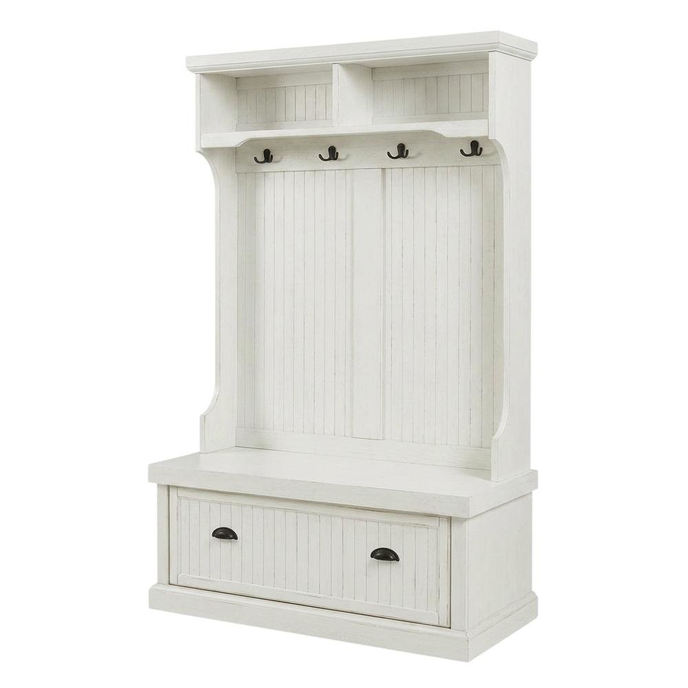 Distressed White Hall Tree with Anti-Tip Hardware and Sturdy Construction. Picture 1