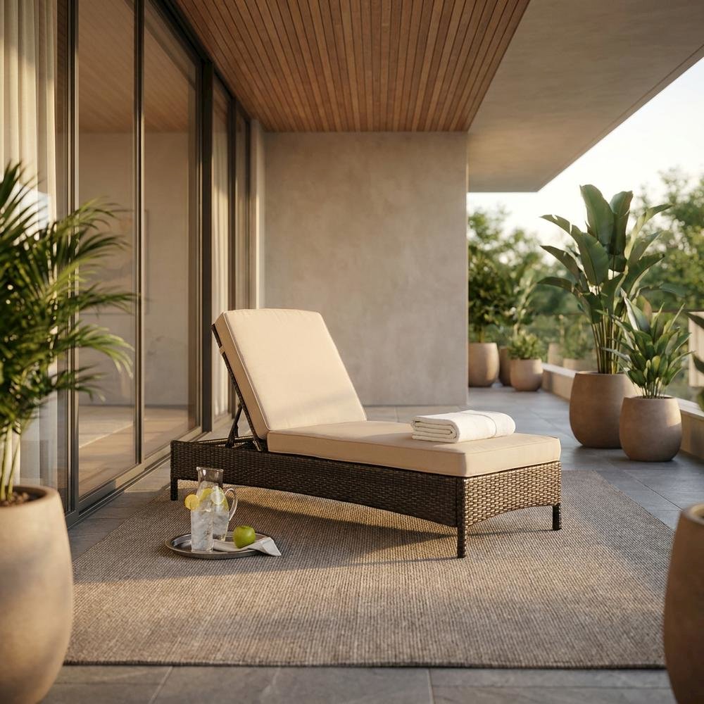 Outdoor Wicker Chaise Lounge Sand and Brown with Cushioned Seat for Relaxation. Picture 2