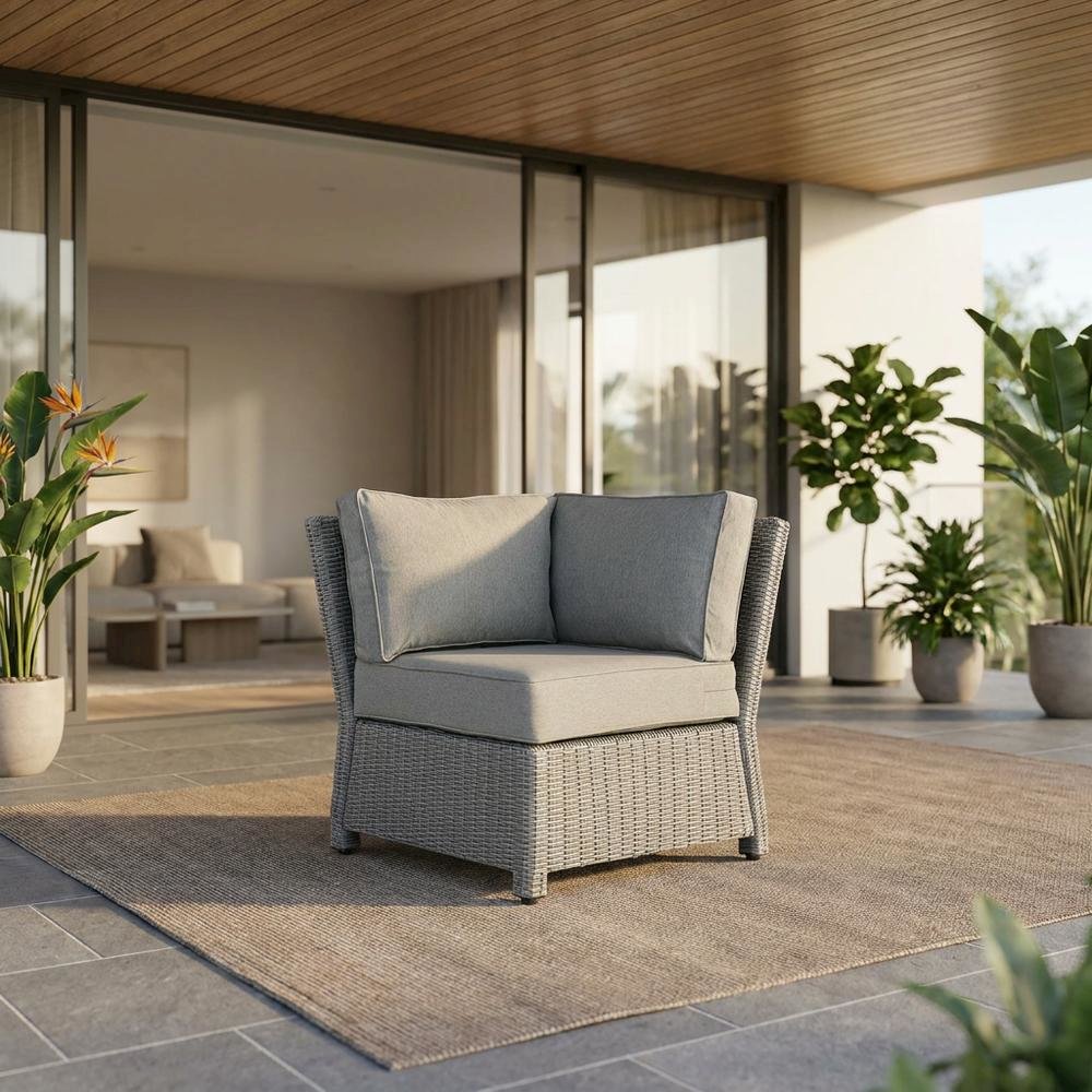 Gray Outdoor Wicker Corner Chair with Weatherproof Design. Picture 2