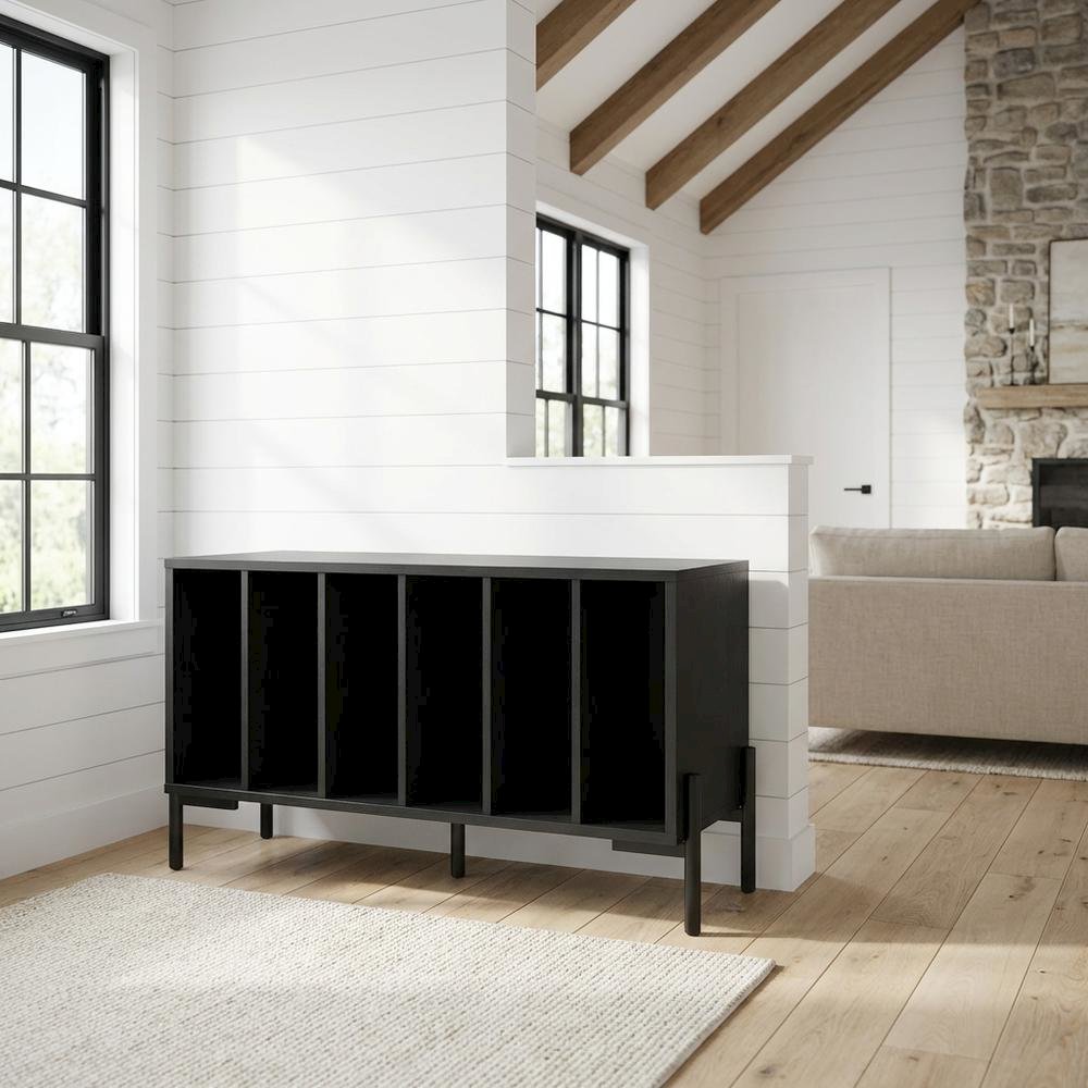 Wooden record player stand with vinyl storage, modern entertainment center. Picture 2