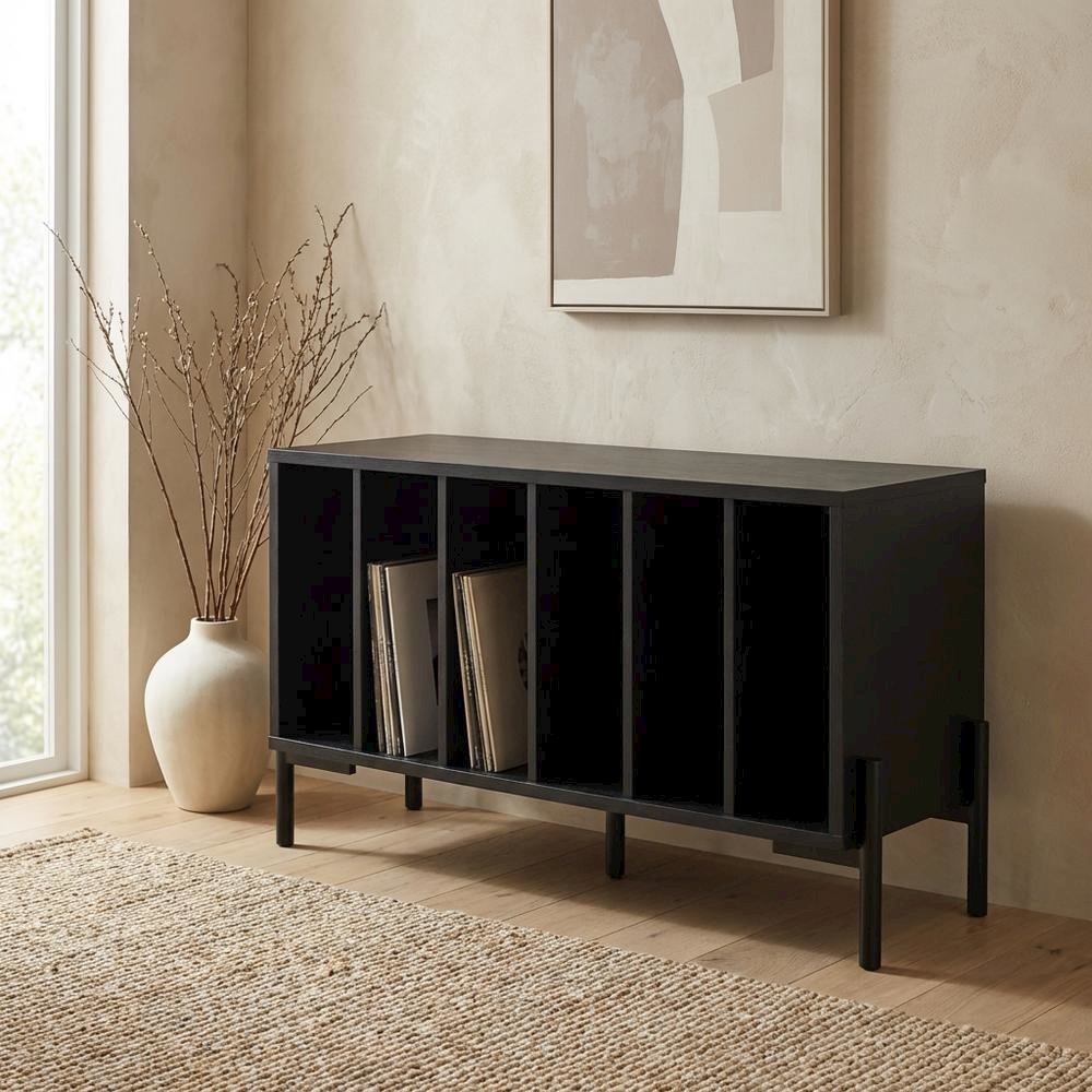 Wooden record player stand with vinyl storage, modern entertainment center. Picture 3