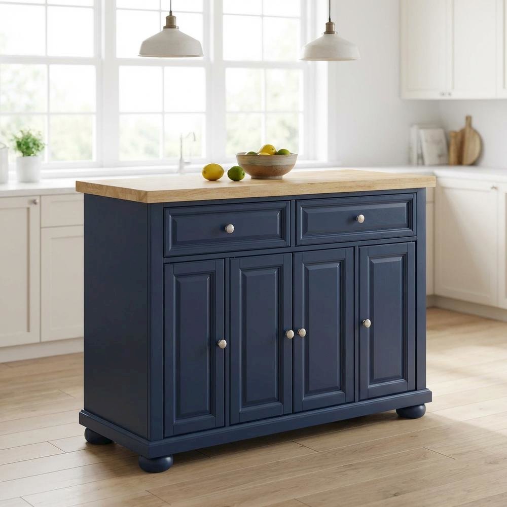 Navy Kitchen Island with Anti-Tip Feature and Natural Accent Finish. Picture 2