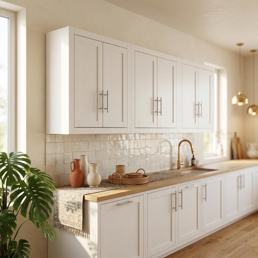 White 3-Piece Wall Kitchen Cabinet Set, MDF Birch Veneer Wide. Picture 2