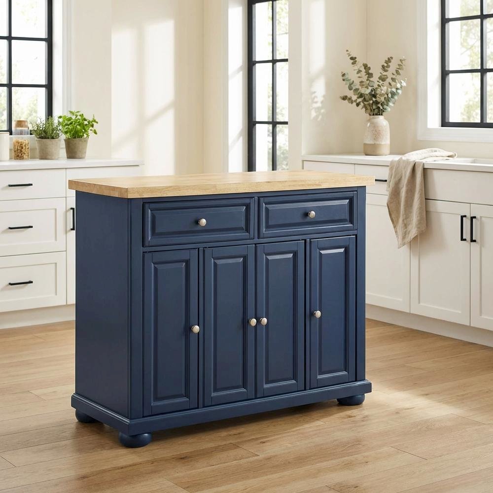 Navy Kitchen Island with Anti-Tip Feature and Natural Accent Finish. Picture 4