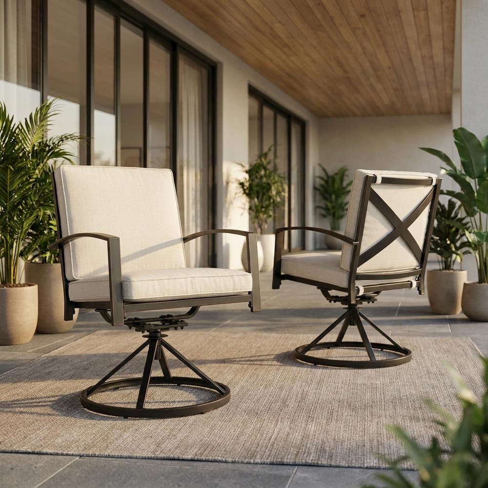 Outdoor Dining Swivel Chair Set in Oatmeal and Oil Rubbed Bronze. Picture 2