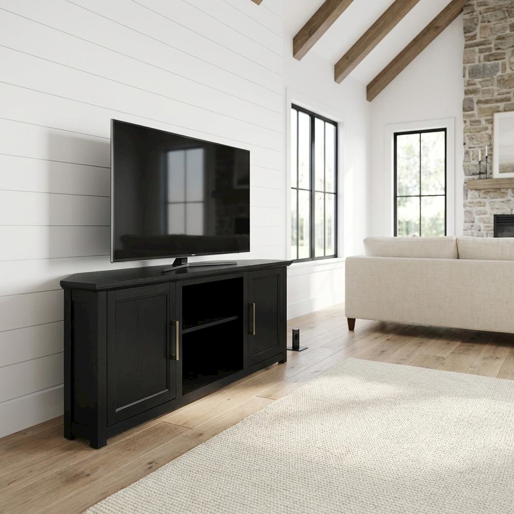 Black Corner TV Stand for 65+ Inch TVs with Storage Shelves. Picture 2