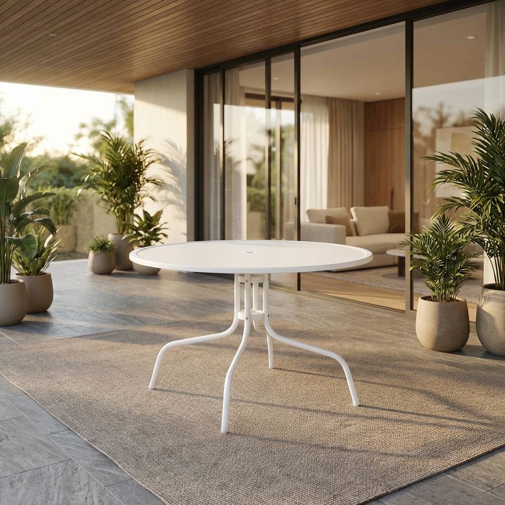 White outdoor dining table with anti-tip hardware and sturdy construction. Picture 5