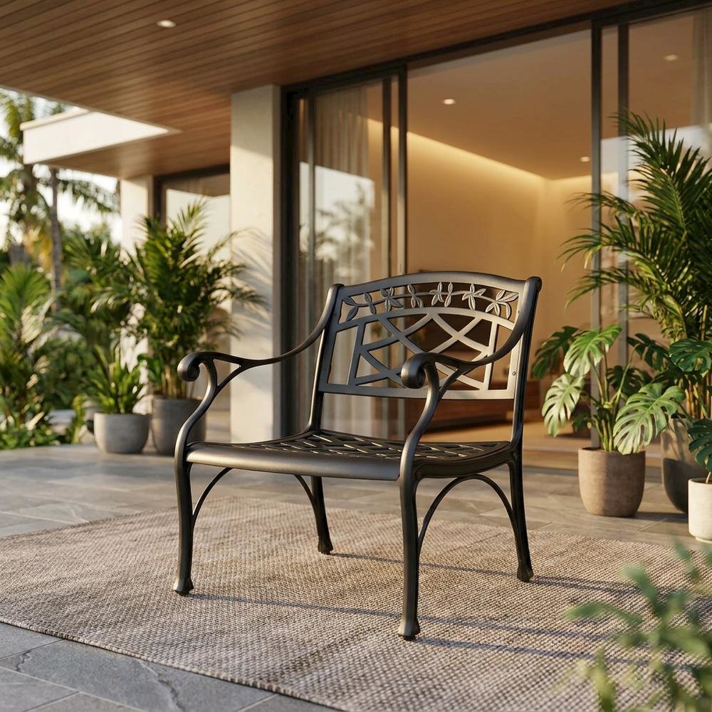 Outdoor black club chair with sturdy armrest and classic design. Picture 3