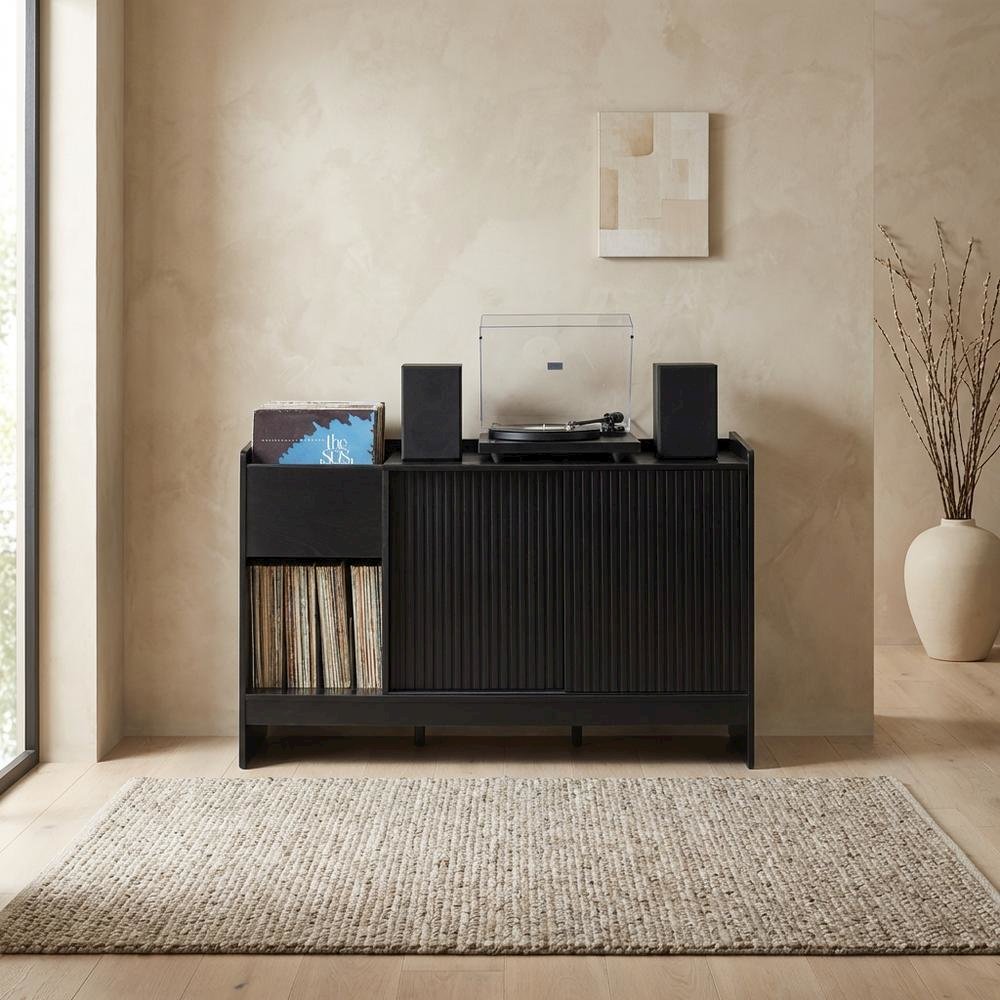 Solid Wood Record Player Cabinet with Vinyl Storage for Entertainment Centers. Picture 3