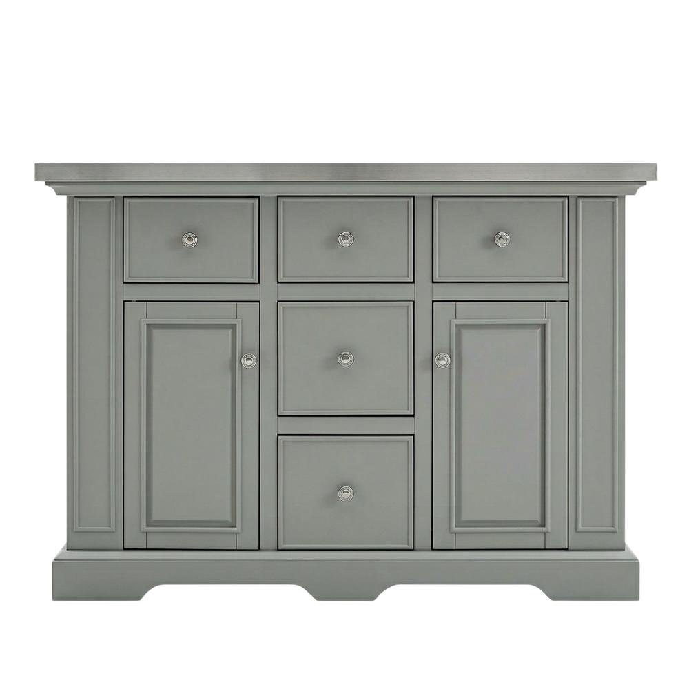Gray kitchen island with stainless steel accents and anti-tip safety. Picture 1
