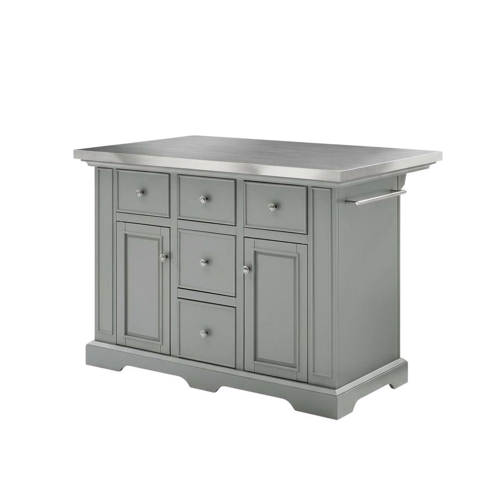 Gray kitchen island with stainless steel accents and anti-tip safety. Picture 3