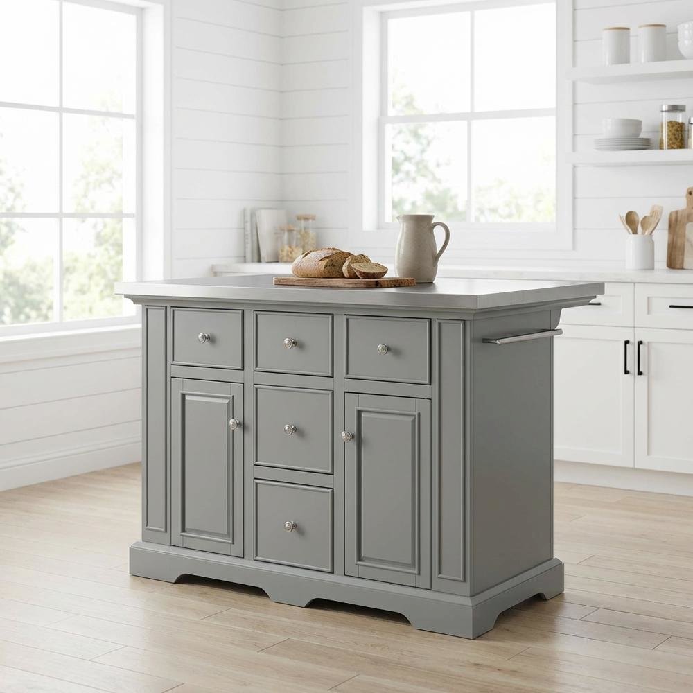 Gray kitchen island with stainless steel accents and anti-tip safety. Picture 2