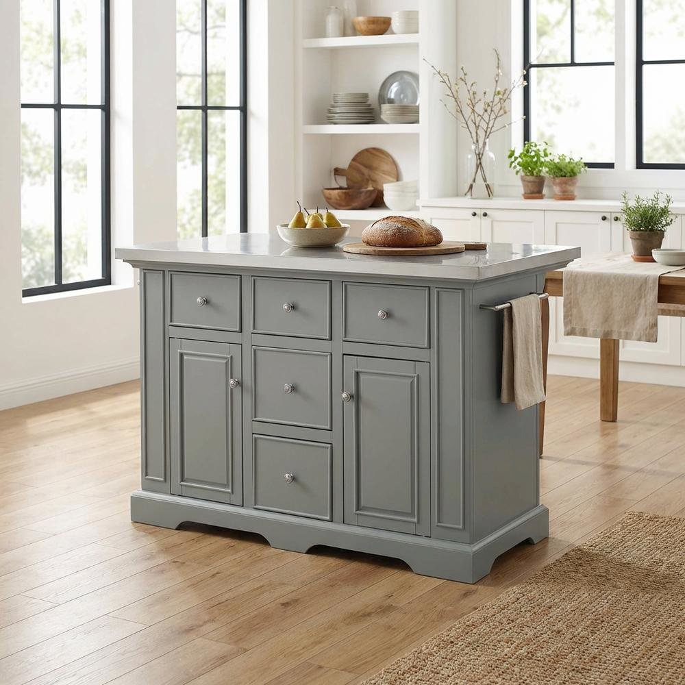 Gray kitchen island with stainless steel accents and anti-tip safety. Picture 4