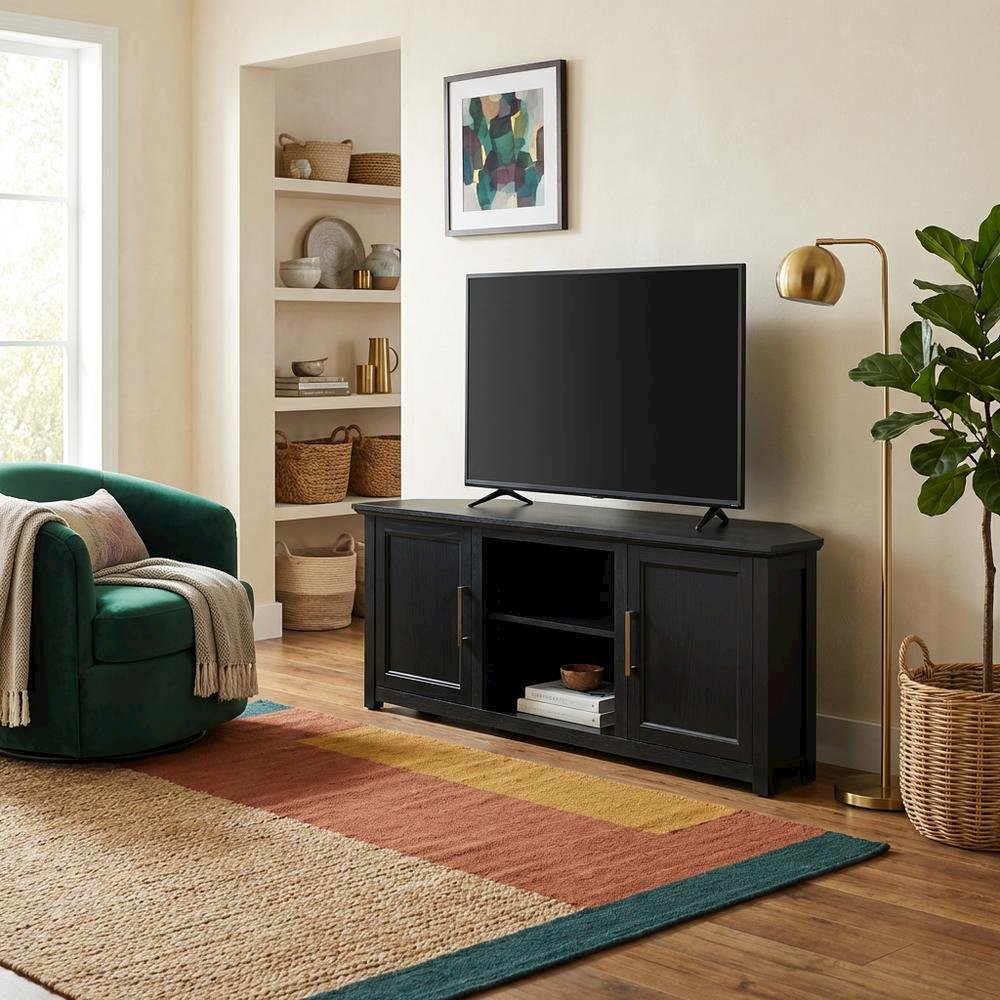 Black Corner TV Stand for 65+ Inch TVs with Storage Shelves. Picture 3