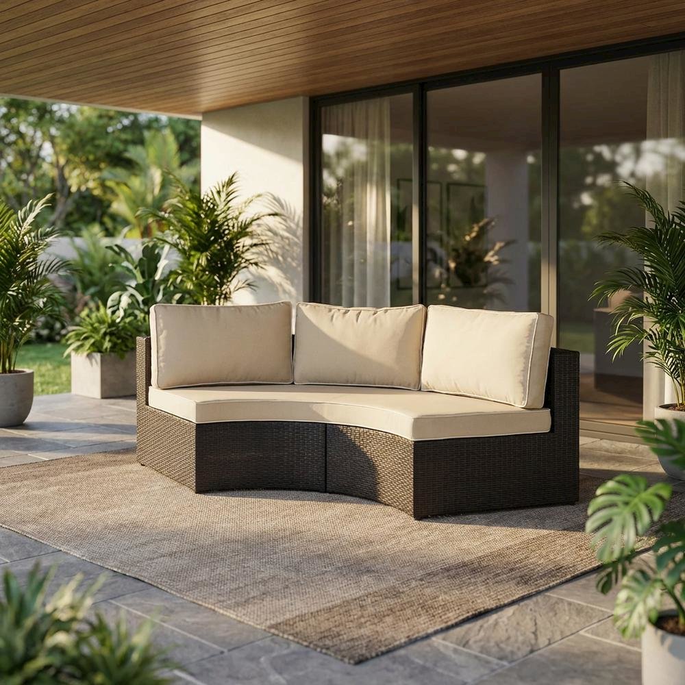 Outdoor Wicker Round Sectional Sofa in Sand and Brown for Outdoor Comfort. Picture 2