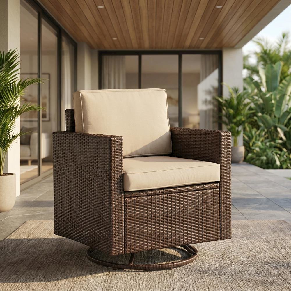 Sand/Brown Wicker Outdoor Swivel Rocker Chair with Cushions. Picture 2