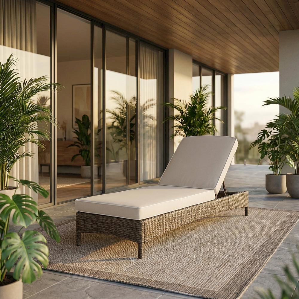 Sand-colored outdoor wicker chaise lounge with cushioned seat. Picture 3