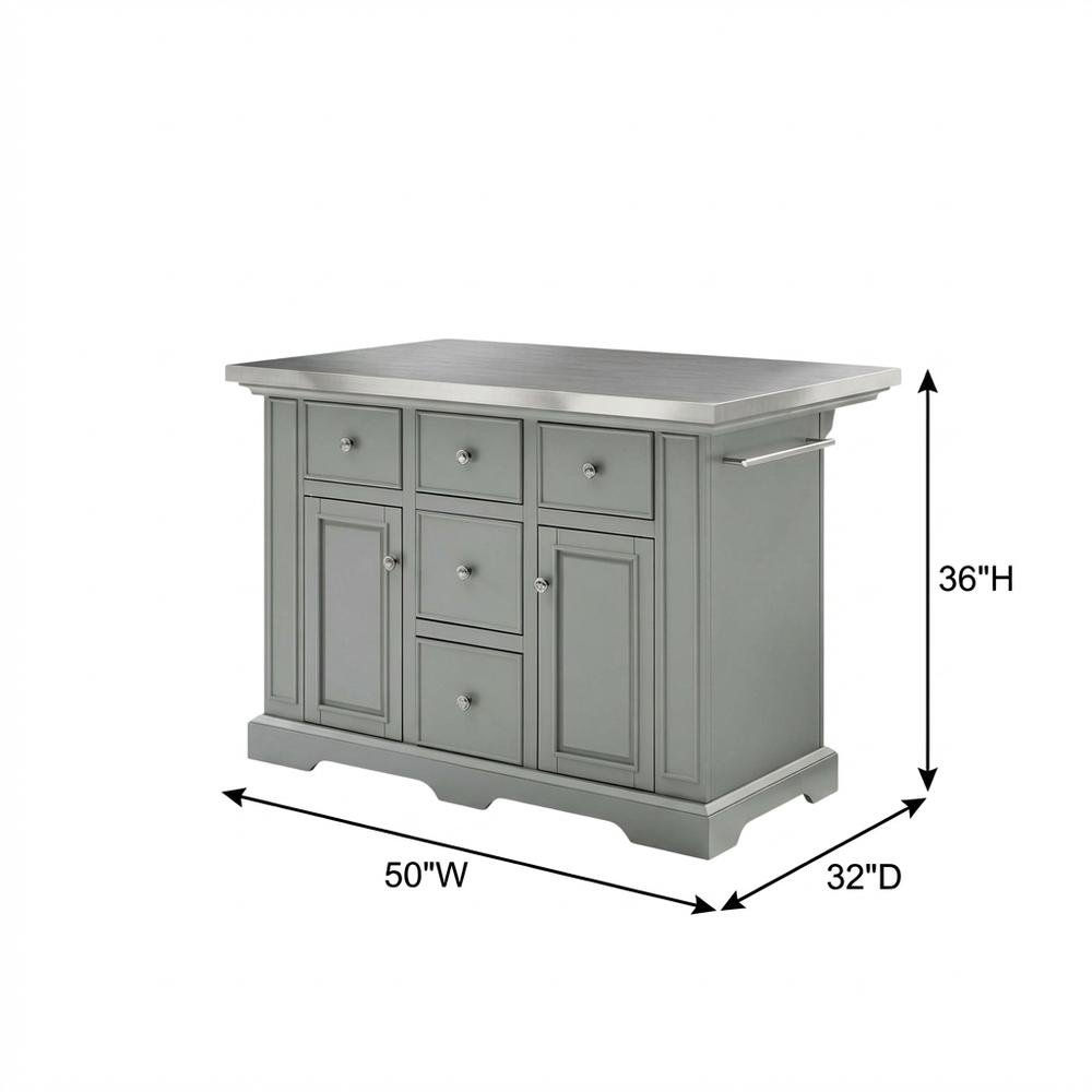 Gray kitchen island with stainless steel accents and anti-tip safety. Picture 5