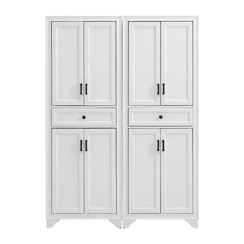 Distressed White Pantry Cabinets with Anti-Tip Mechanism and Floor Clearance. Picture 1