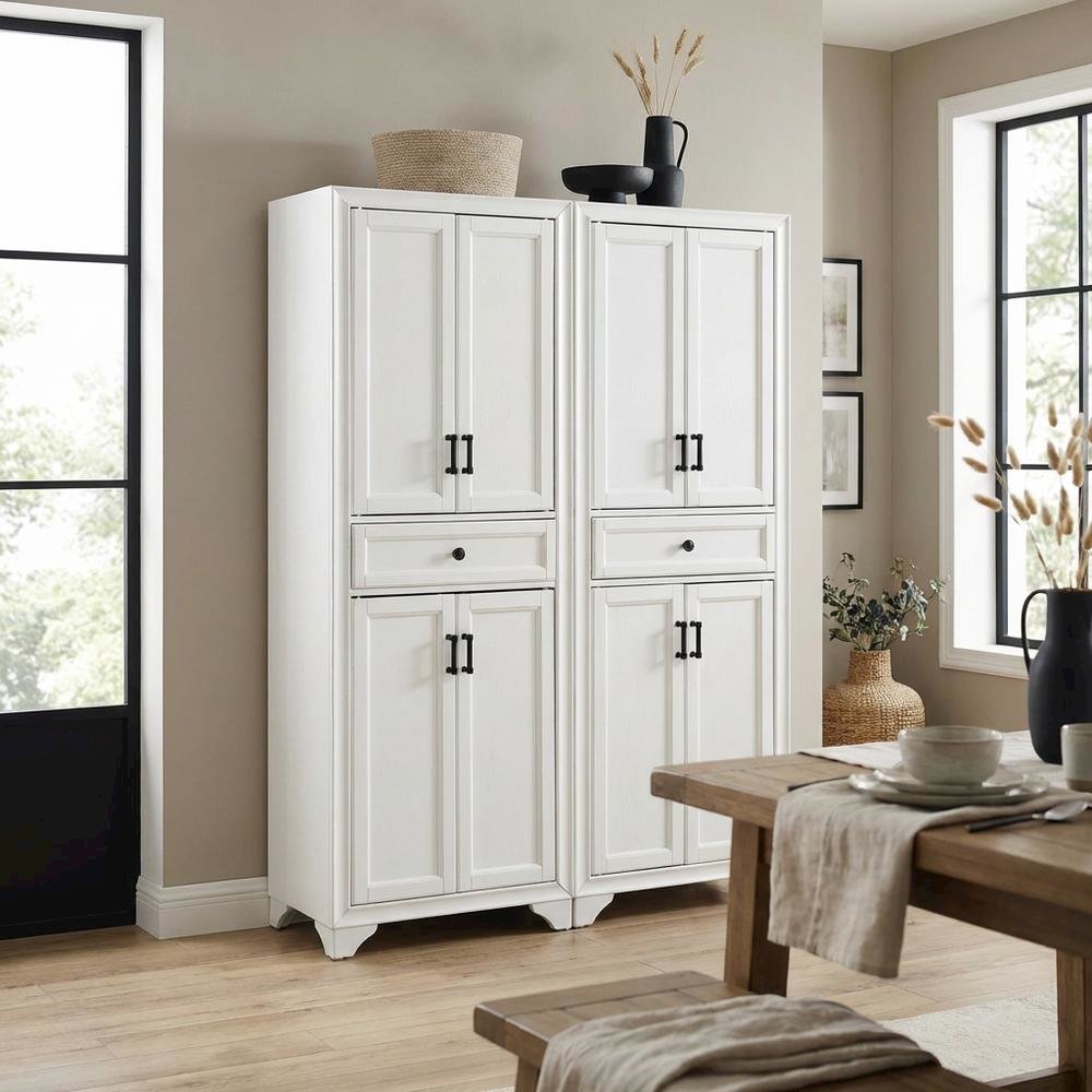 Distressed White Pantry Cabinets with Anti-Tip Mechanism and Floor Clearance. Picture 4