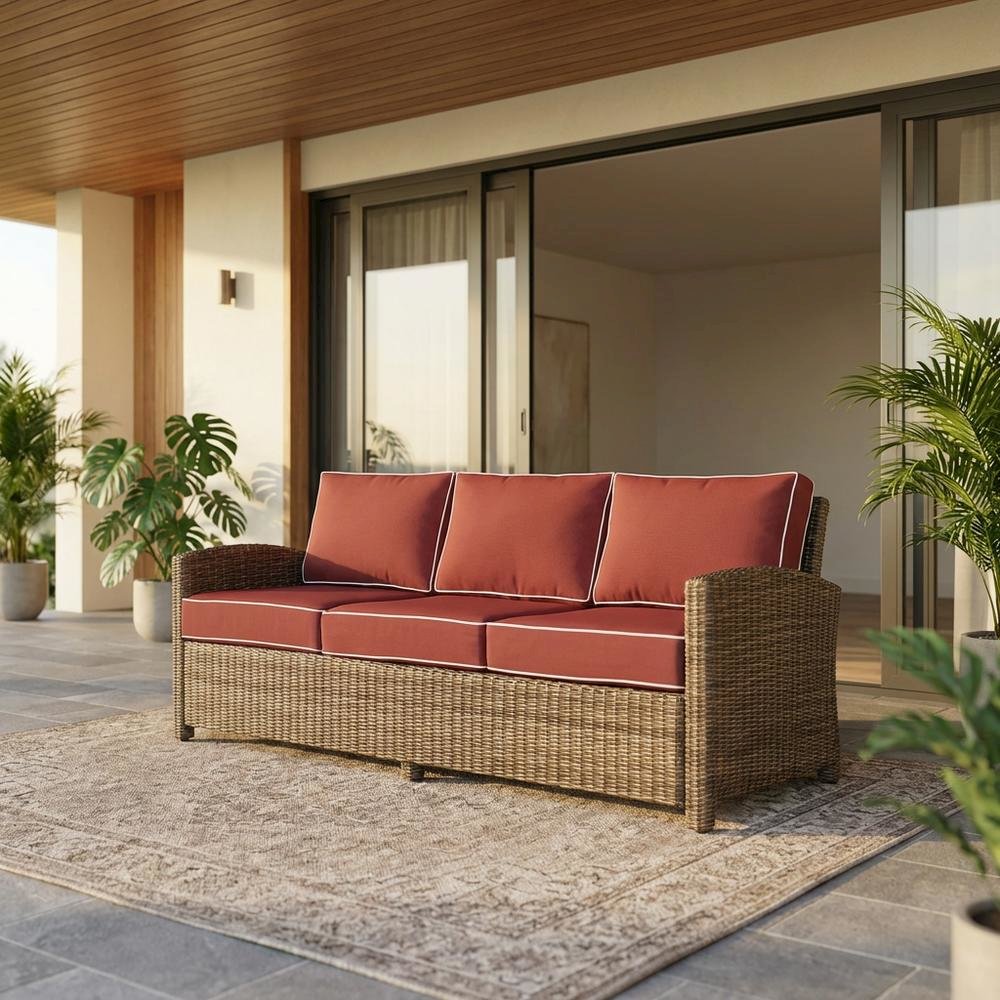 Weathered Brown Wicker Outdoor Sofa Set with Sangria Cushions. Picture 2