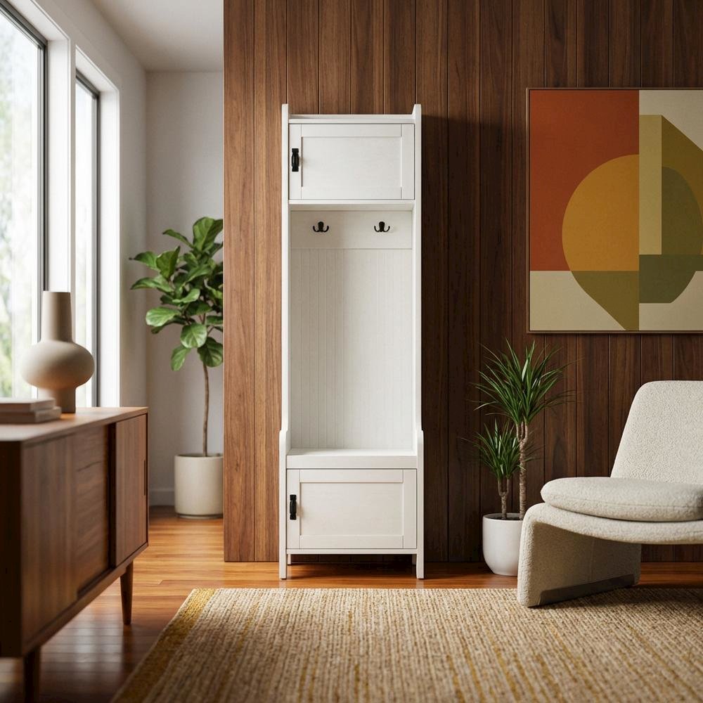 White Narrow Hall Tree, MDF Birch Veneer, Coat Hooks, Tall Entryway. Picture 3