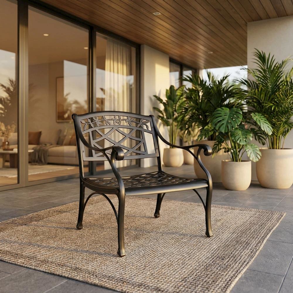 Outdoor black club chair with sturdy armrest and classic design. Picture 2