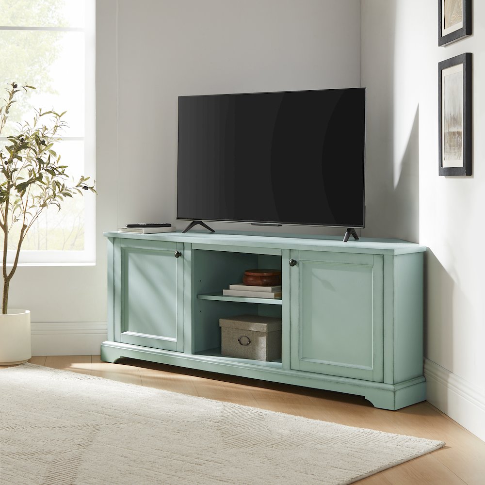 Holbrook Corner Tv Stand For 65" Inch Tv Distressed Seafoam Blue. Picture 5