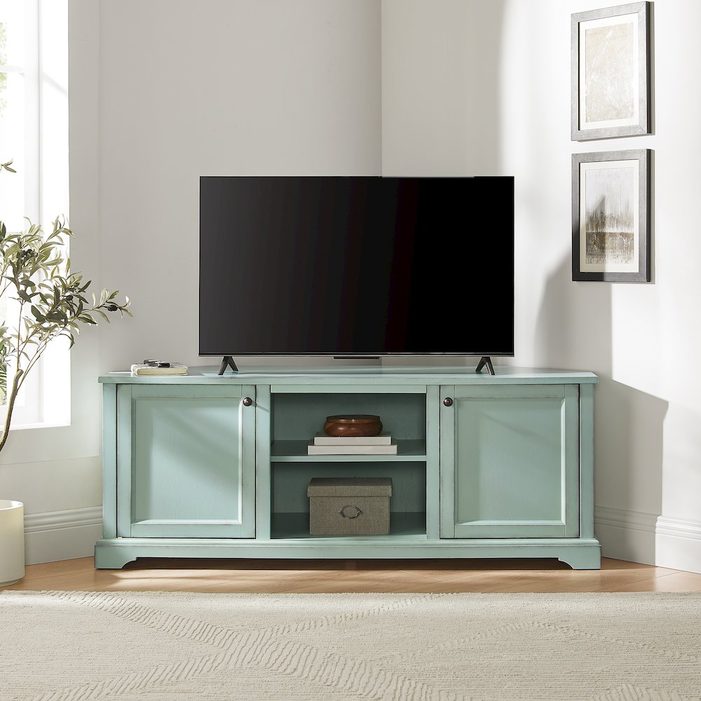 Holbrook Corner Tv Stand For 65" Inch Tv Distressed Seafoam Blue. Picture 6
