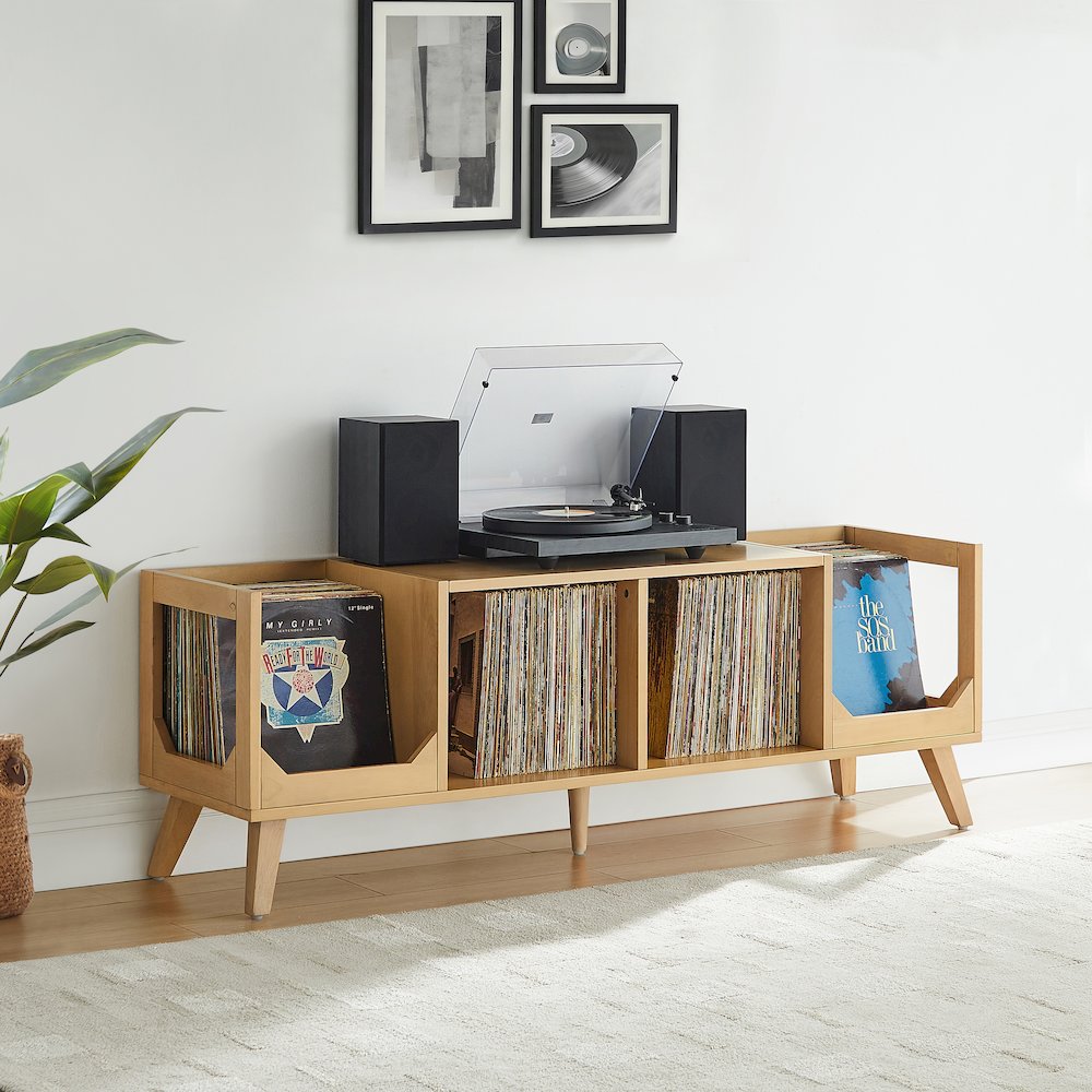 Asheville Low Record Player Stand With Vinyl Storage Natural. Picture 5
