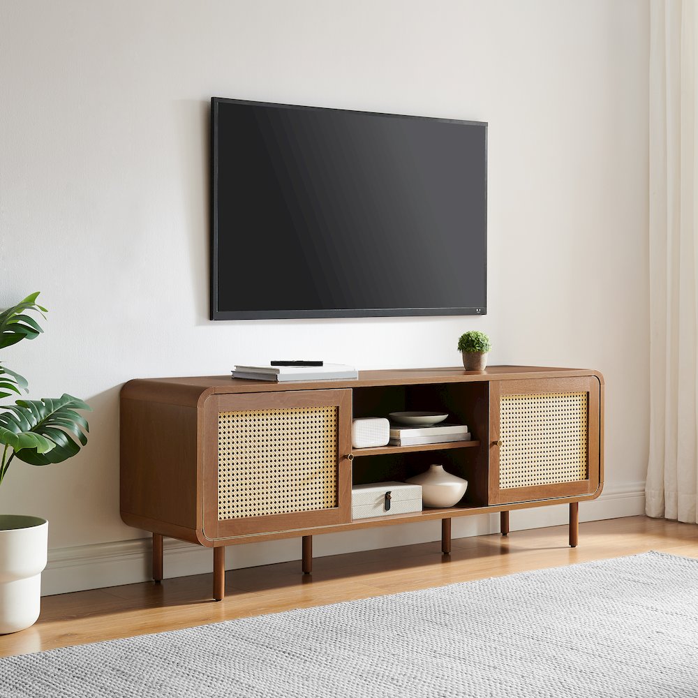 Nora Modern Record Player Cabinet With Vinyl Storage, Rattan Turntable Stand. Picture 2