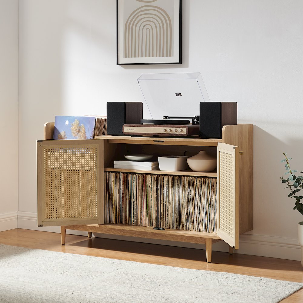 Maeve Record Player Cabinet, Vinyl Storage, Rattan Turntable Stand for Records. Picture 7