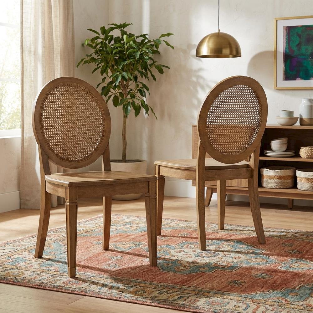 Cane-Back Dining Chair Set with Natural Finish and Comfortable Seating. Picture 2