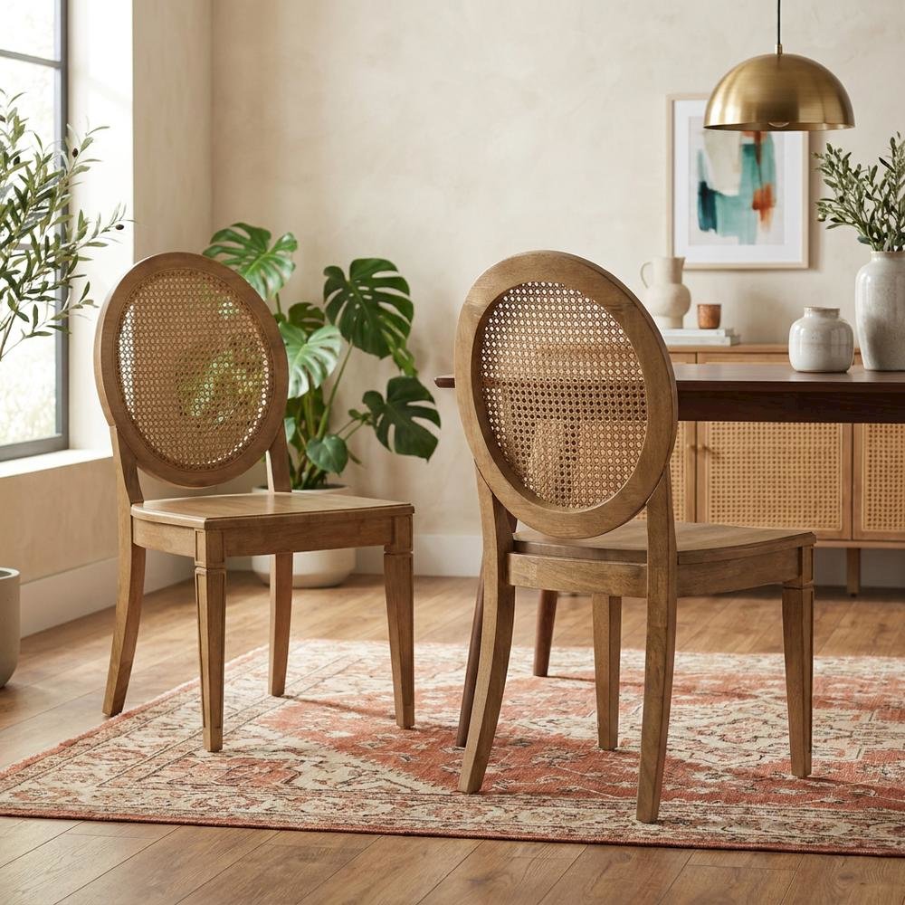 Cane-Back Dining Chair Set with Natural Finish and Comfortable Seating. Picture 3