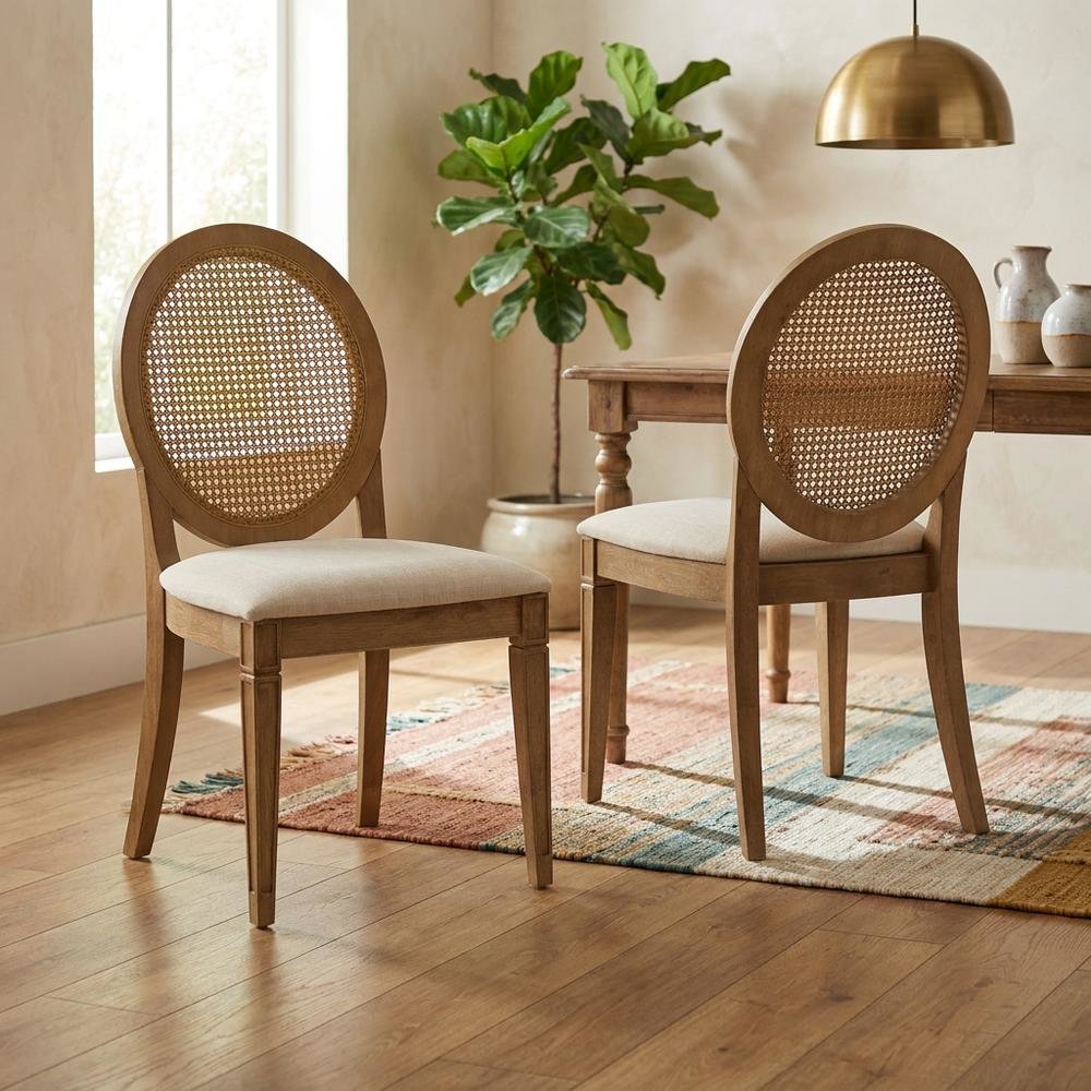 Cane-Back Dining Chair Set with Upholstered Seats and Creme Finish. Picture 2