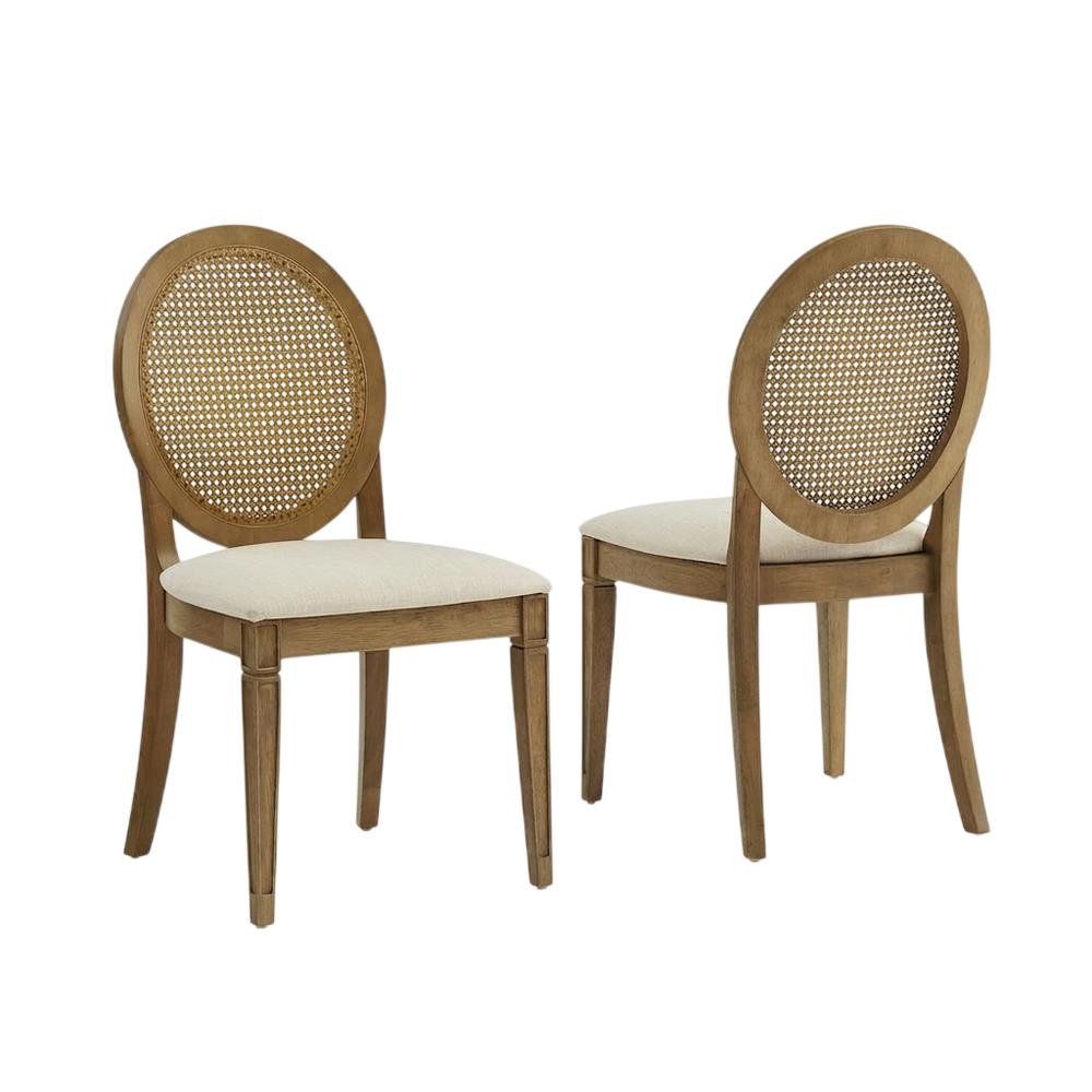 Cane-Back Dining Chair Set with Upholstered Seats and Creme Finish. Picture 1