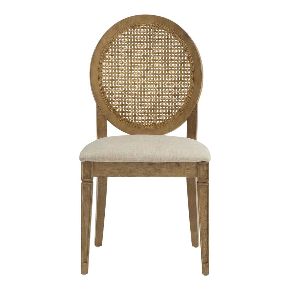 Cane-Back Dining Chair Set with Upholstered Seats and Creme Finish. Picture 5