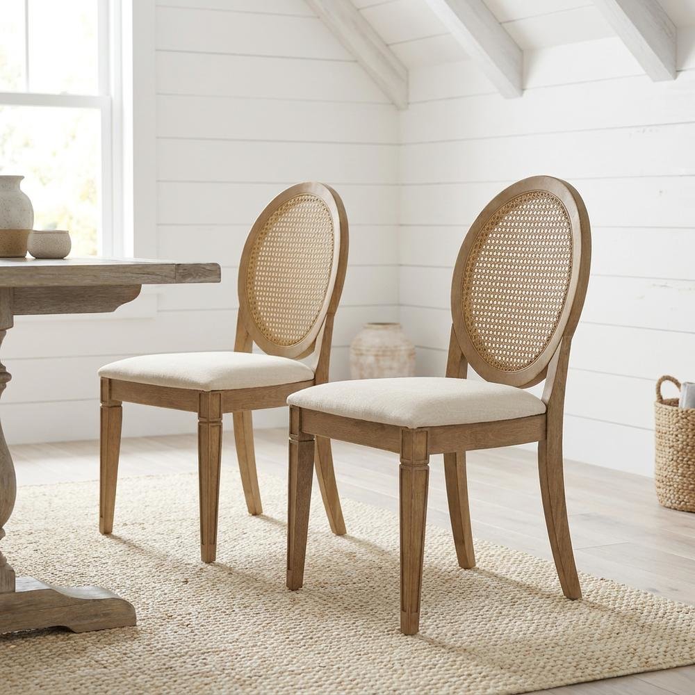 Cane-Back Dining Chair Set with Upholstered Seats and Creme Finish. Picture 3