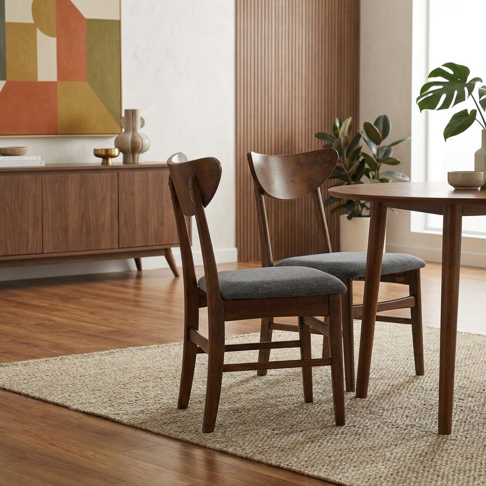 Wood Dining Chairs with Upholstered Seats and Curved Backrest, Set of 2. Picture 3