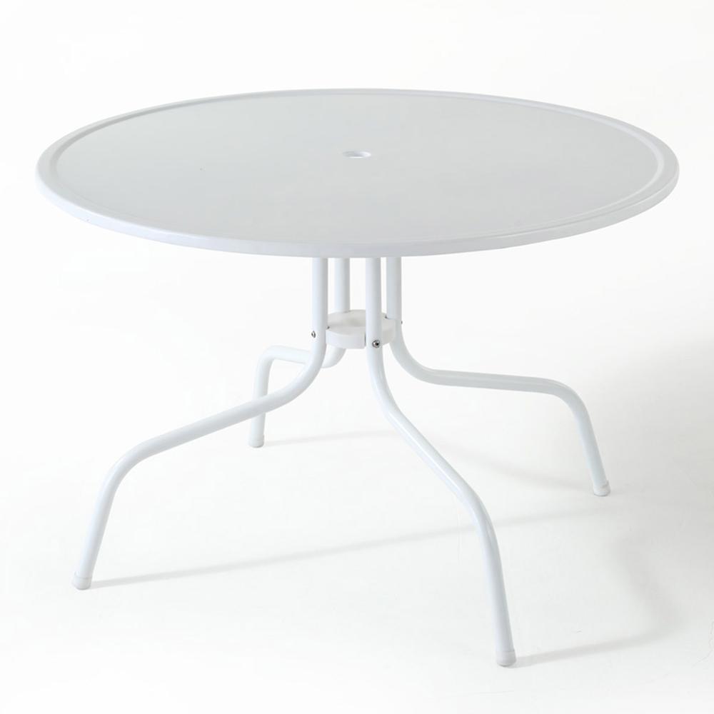 White outdoor dining table with anti-tip hardware and sturdy construction. Picture 4
