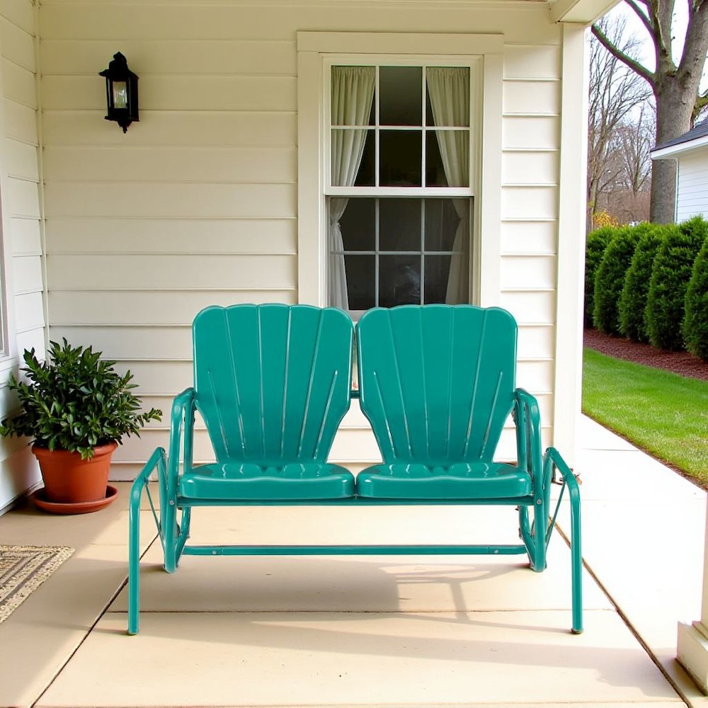 Turquoise Outdoor Loveseat Glider – Retro Furniture Seating for Two People. Picture 2