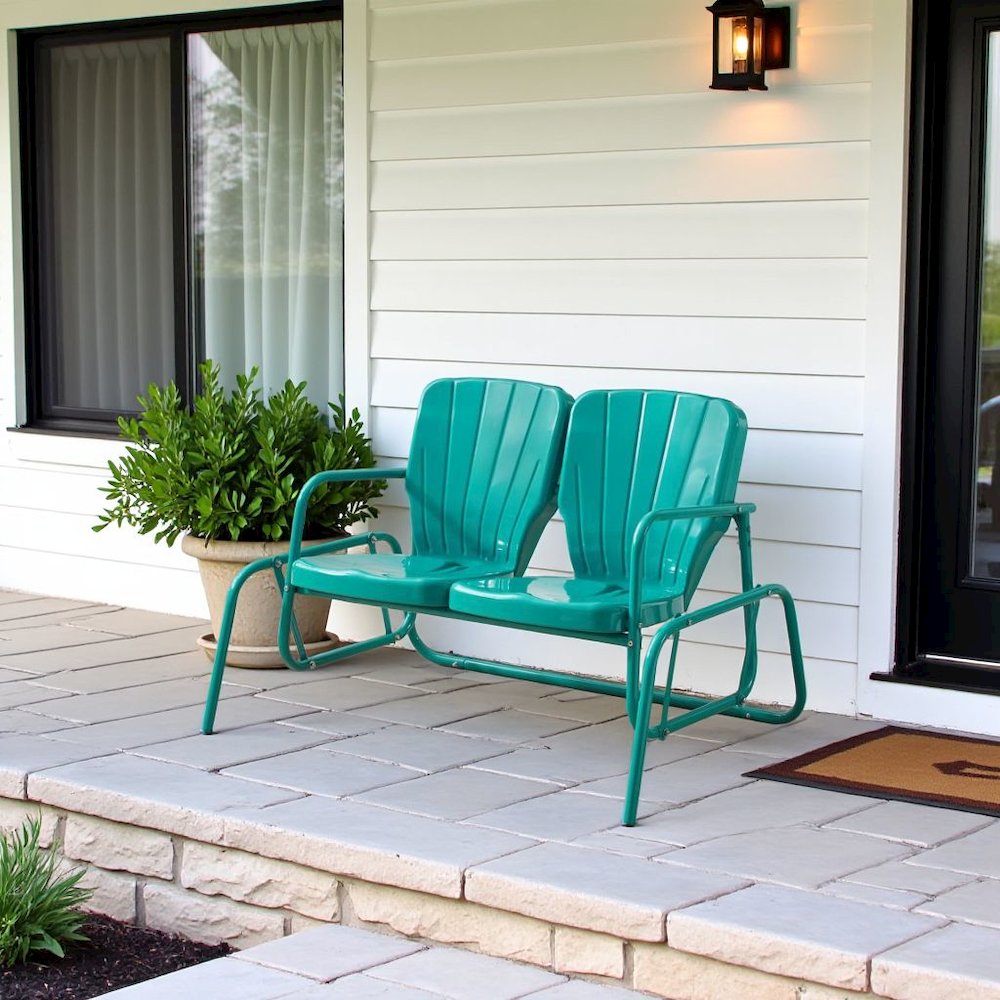 Turquoise Outdoor Loveseat Glider – Retro Furniture Seating for Two People. Picture 3