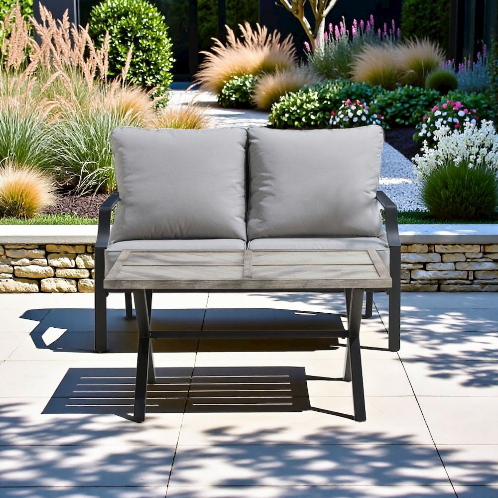 Black Metal Frame with Gray Cushions 2 Piece Patio Set with Loveseat Table. Picture 2