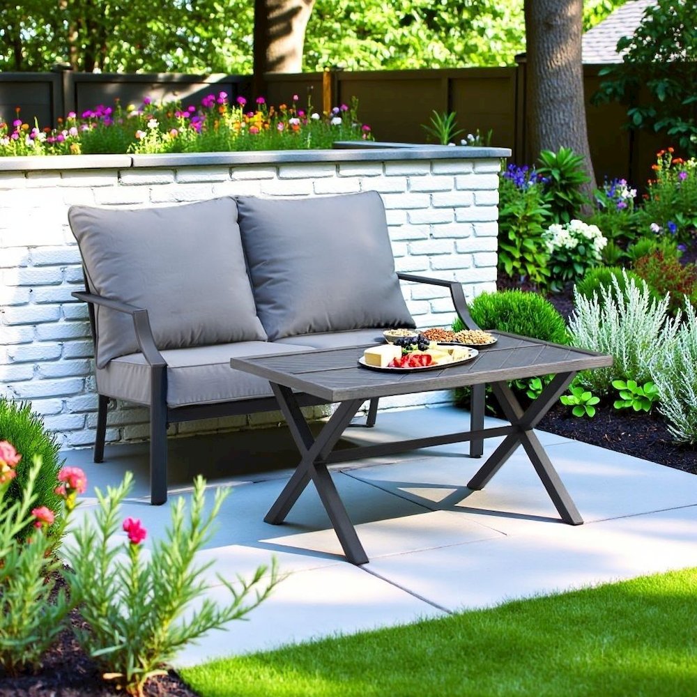 Black Metal Frame with Gray Cushions 2 Piece Patio Set with Loveseat Table. Picture 3