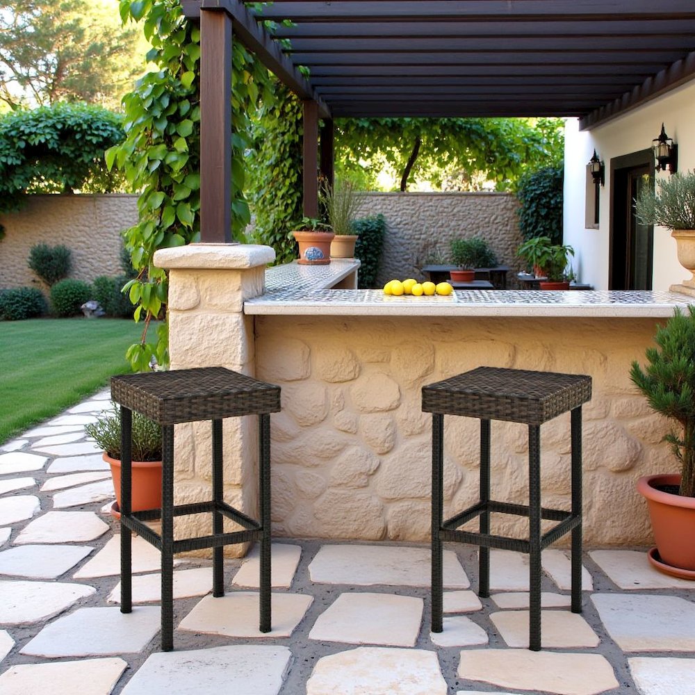 Brown Wicker Bar Stools Set of 2 with Patio Seating for Outdoor Gatherings. Picture 2
