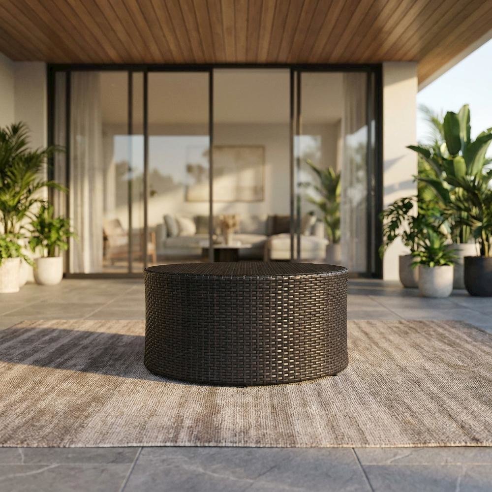 Wicker Round Coffee Table for Outdoor Patio Lounge with 33 lb Weight. Picture 2
