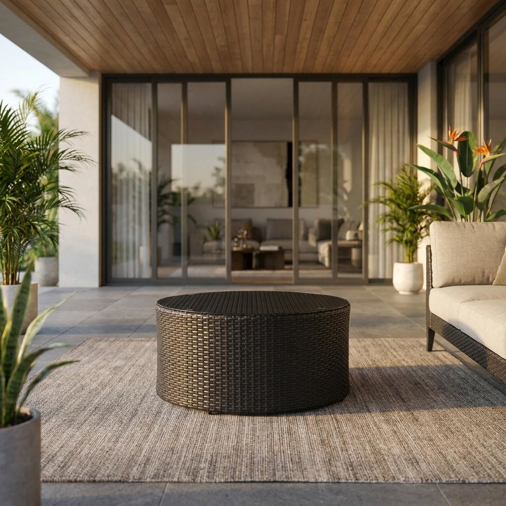 Wicker Round Coffee Table for Outdoor Patio Lounge with 33 lb Weight. Picture 3