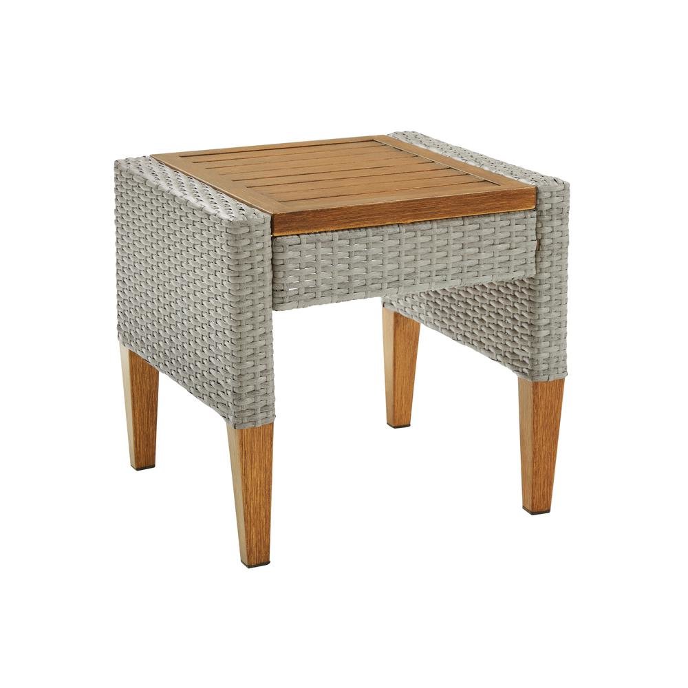 Gray Outdoor Wicker Side Table with Steel Frame for Patio Use. Picture 1